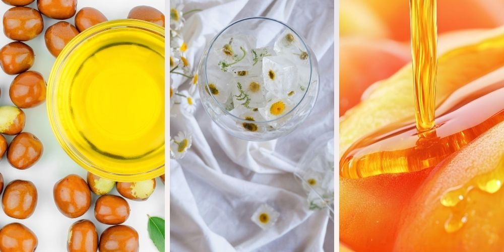 3 ingrédients clés pour les soins visage: huile végétale jaune dorée (émollient), eau micellaire avec chamomille (humectant), et huile riche orangée (occlusif doux)